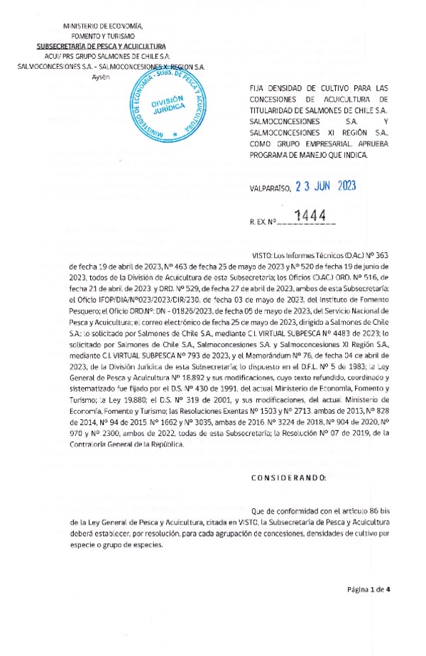 Res. Ex. N° 1444-2023 Fija densidad de cultivo para las concesiones de acuicultura de titularidad de Salmones de Chile S.A., Salmoconcesiones S.A. y Salmoconcesiones XI Región S.A. (Publicado en Página Web 29-06-2023)