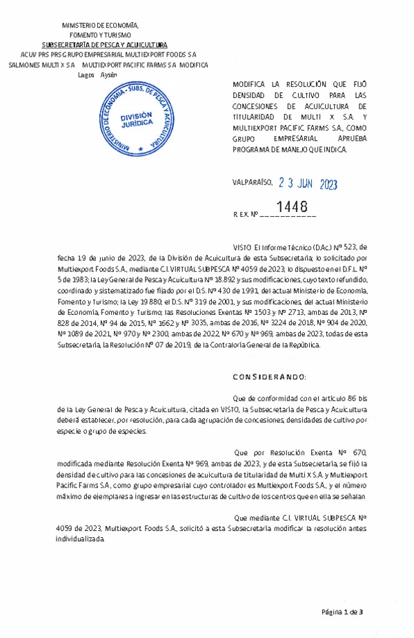 Res. Ex. N° 1448-2023 Fija densidad de cultivo para las concesiones de acuicultura de titularidad de Multi X S.A. y Multiexport Pacific Farms S.A., como grupo Empresarial (Publicado en Página Web 29-06-2023)