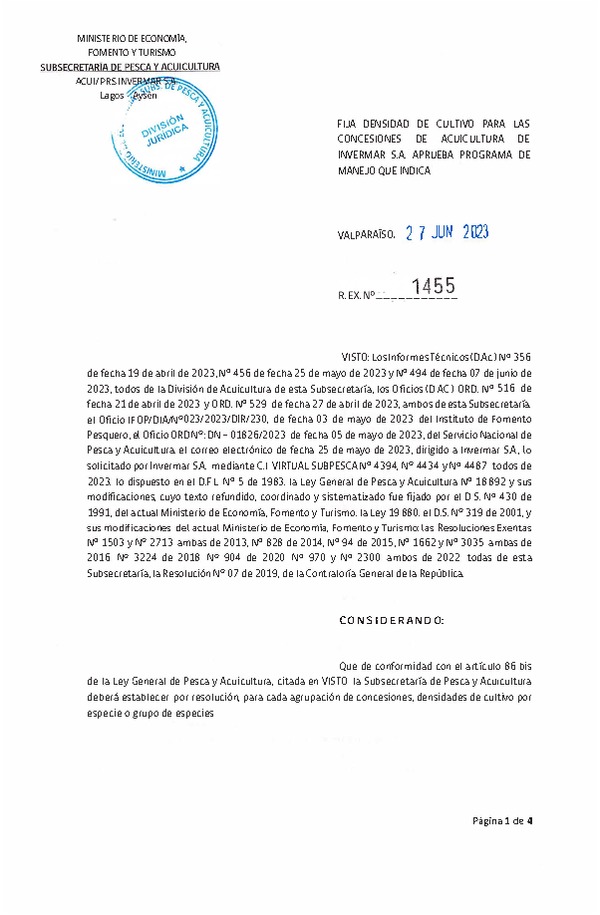 Res. Ex. N° 1455-2023 Fija densidad de cultivo para las concesiones de acuicultura de Invermar S.A.(Publicado en Página Web 29-06-2023)