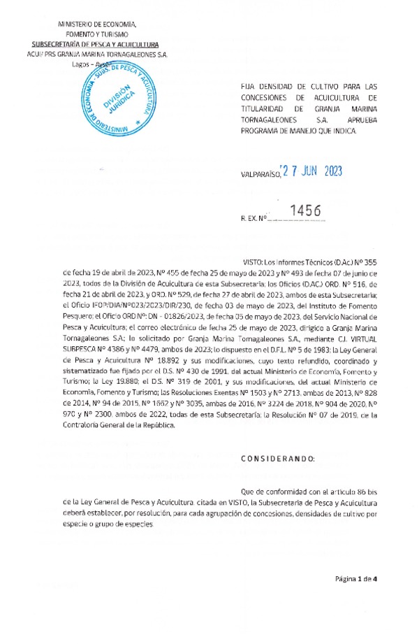 Res. Ex. N° 1456-2023 Fija densidad de cultivo para las concesiones de acuicultura de Granja Marina Tornagaleones  S.A.(Publicado en Página Web 29-06-2023)