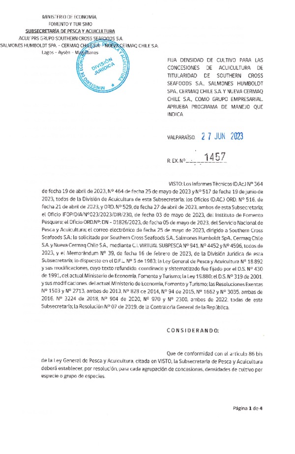 Res. Ex. N° 1457-2023 Fija densidad de cultivo para las concesiones de acuicultura de Southern Cross Seafoods S.A., Salmones Humboldt SpA., Cermaq Chile S.A. y Nueva Cermaq Chile S.A., como Grupo Empresarial. (Publicado en Página Web 29-06-2023)