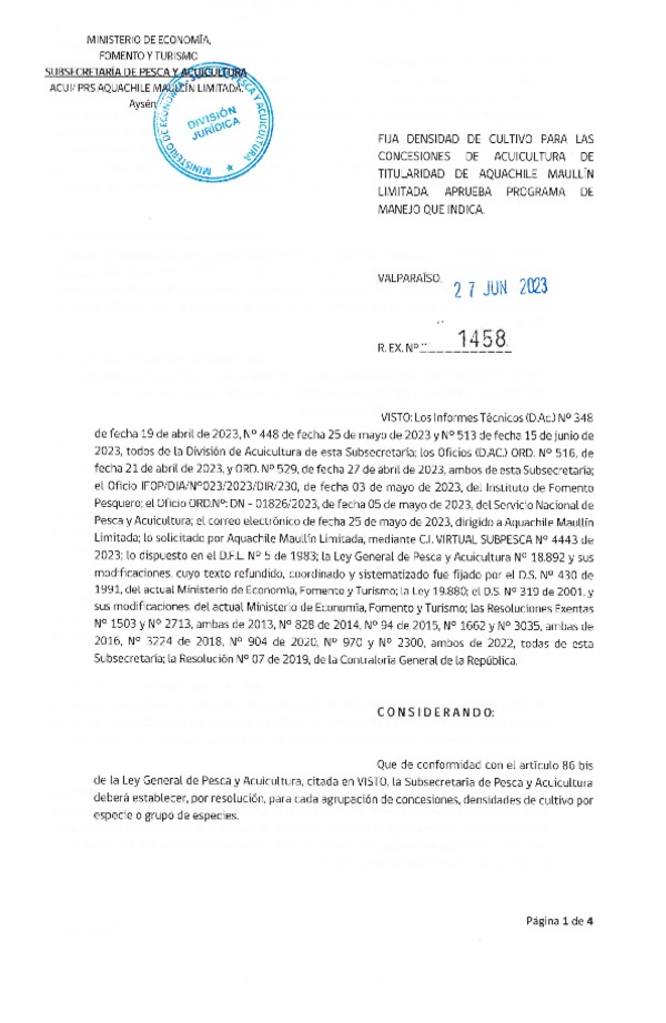 Res. Ex. N° 1458-2023 Fija densidad de cultivo para las concesiones de acuicultura de Aquachile Maullín Limitada. (Publicado en Página Web 29-06-2023)