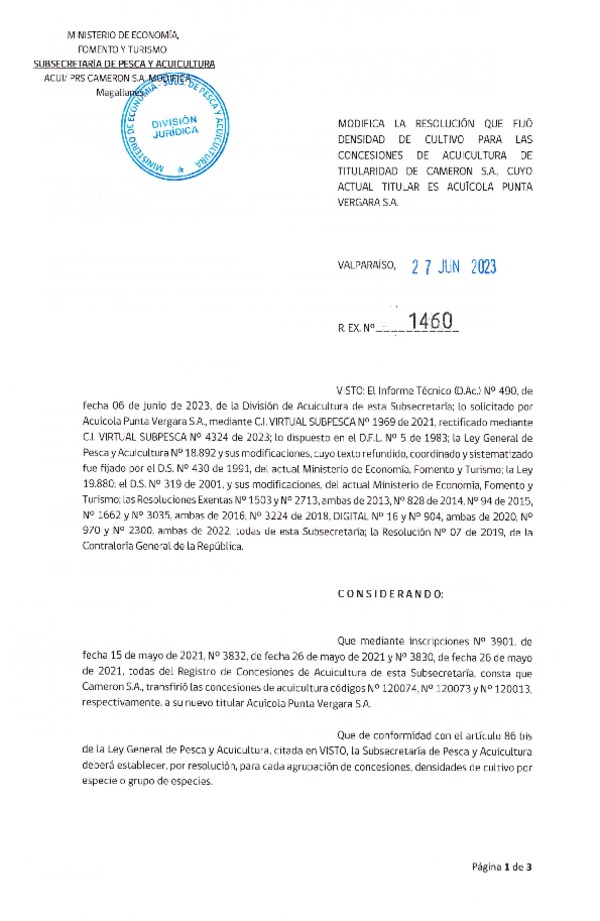 Res. Ex. N° 1460-2023 Fija densidad de cultivo para las concesiones de acuicultura de Cameron S.A. cuyo Actual Titular es Acuícola Punta Vergara S.A.(Publicado en Página Web 29-06-2023)