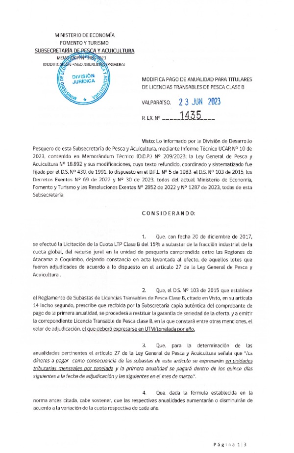 Res. Ex. N° 1435-2023 Modifica Pago de Anualidad para Titulares de LTP Clase B. (Publicado en Página Web 29-06-2023)