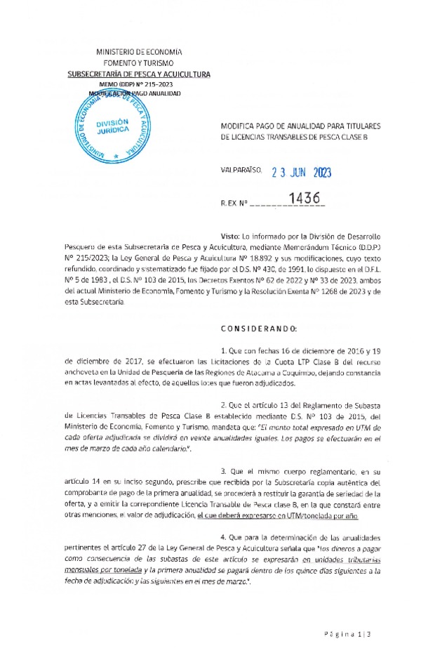 Res. Ex. N° 1436-2023 Modifica Pago de Anualidad para Titulares de LTP Clase B. (Publicado en Página Web 29-06-2023)