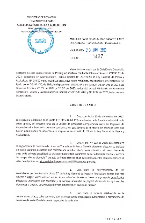 Res. Ex. N° 1437-2023 Modifica Pago de Anualidad para Titulares de LTP Clase B. (Publicado en Página Web 29-06-2023)