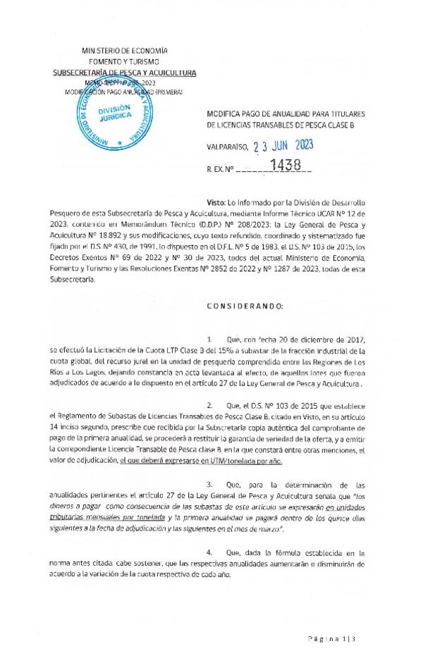 Res. Ex. N° 1438-2023 Modifica Pago de Anualidad para Titulares de LTP Clase B. (Publicado en Página Web 29-06-2023)