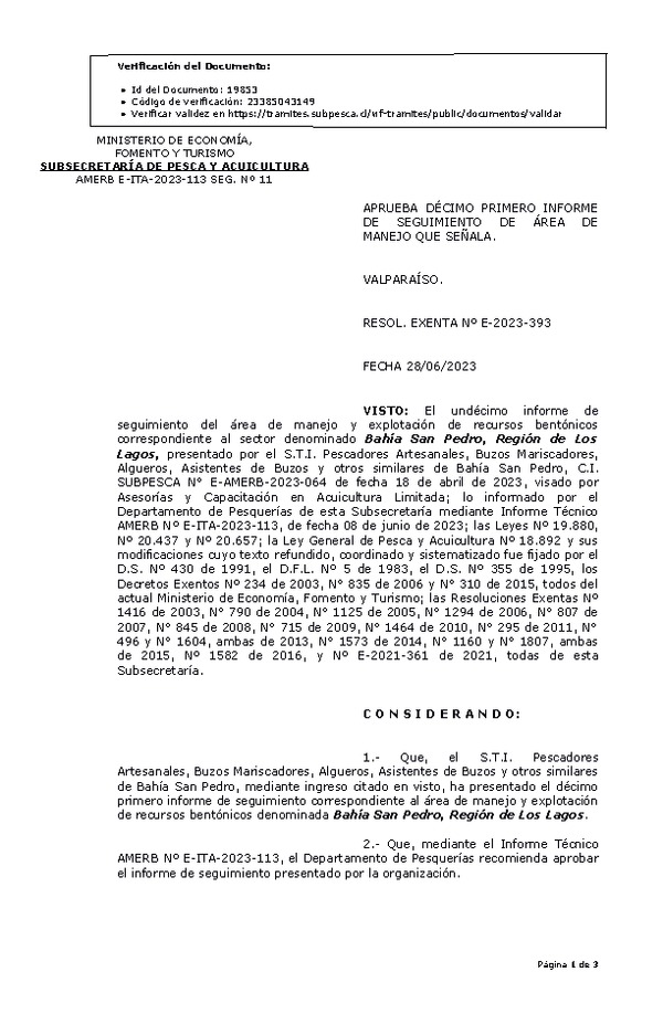 RESOL. EXENTA Nº E-2023-393 Aprueba 11° Seguimiento. (Publicado en Página Web 29-06-2023)