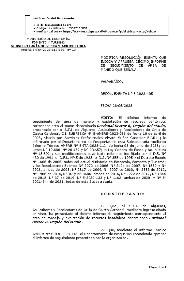 RESOL. EXENTA Nº E-2023-405 Modifica resolución que indica, Aprueba 10° Seguimiento. (Publicado en Página Web 30-06-2023)