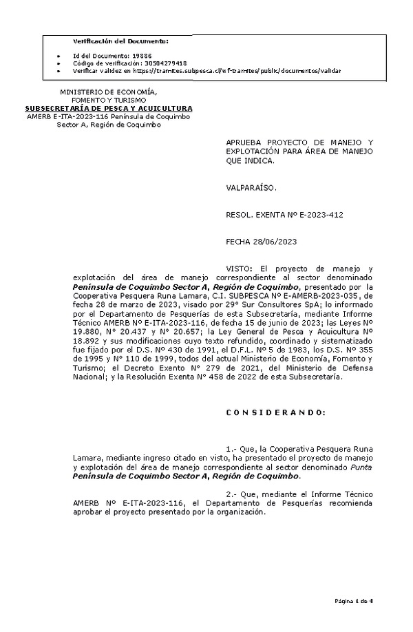 RESOL. EXENTA Nº E-2023-412 Aprueba Plan de manejo. (Publicado en Página Web 30-06-2023)