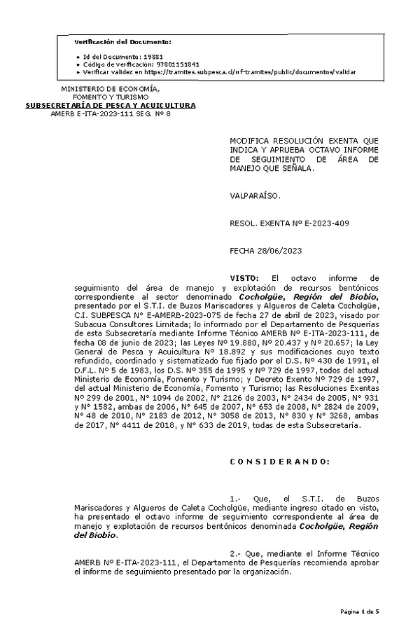 RESOL. EXENTA Nº E-2023-409 Modifica resolución que indica, Aprueba 8° seguimiento. (Publicado en Página Web 30-06-2023)