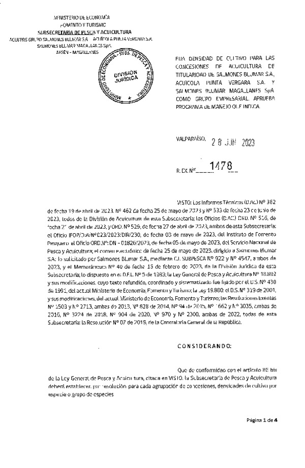 Res. Ex. N° 1478-2023 Fija densidad de cultivo para las concesiones de acuicultura de titularidad de Salmones Blumar S.A., Acuícola Punta Vergara S.A. y Salmones Blumar Magallanes SpA, como grupo Empresarial.(Publicado en Página Web 30-06-2023)