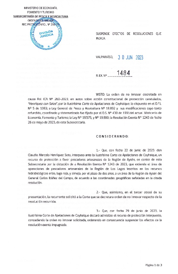 Res. Ex. N° 1484-2023 Suspende Efecto de Res. Ex. N° 1243-2023 que Extiende Área de Operaciones de Pescadores Artesanales de la Región de Los Lagos a Área Marítima que Indica. (Publicado en Página Web 03-07-2023)