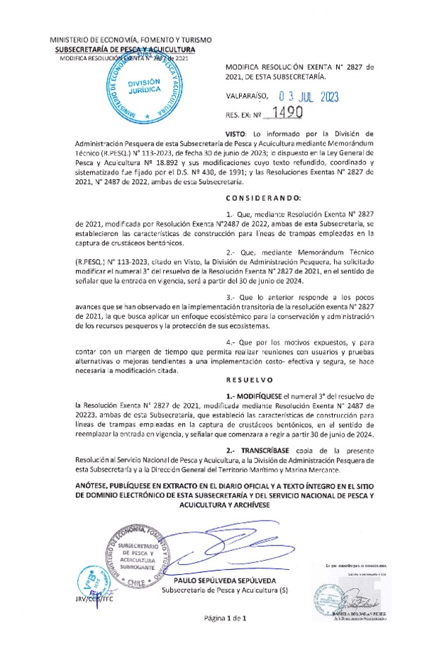 Res. Ex. N°1490-2023 Modifica Res. Ex. N° 2827-2021 Establece Características de Construcción para Líneas de Trampas Empleadas en la Captura de Crustáceos Bentónicos. (Publicado en Página Web 04-07-2023)