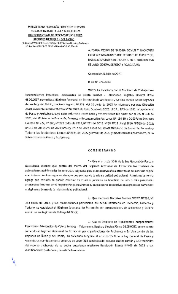 Res. Ex. N° 076-2023 (DZP Ñuble y del Biobío) Autoriza cesión Sardina común y Anchoveta. (Publicado en Página Web 06-07-2023)