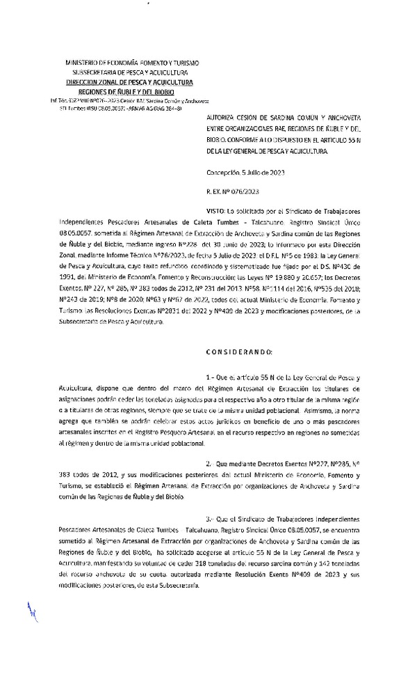 Res. Ex. N° 076-2023 (DZP Ñuble y del Biobío) Autoriza cesión Sardina común y Anchoveta. (Publicado en Página Web 06-07-2023)
