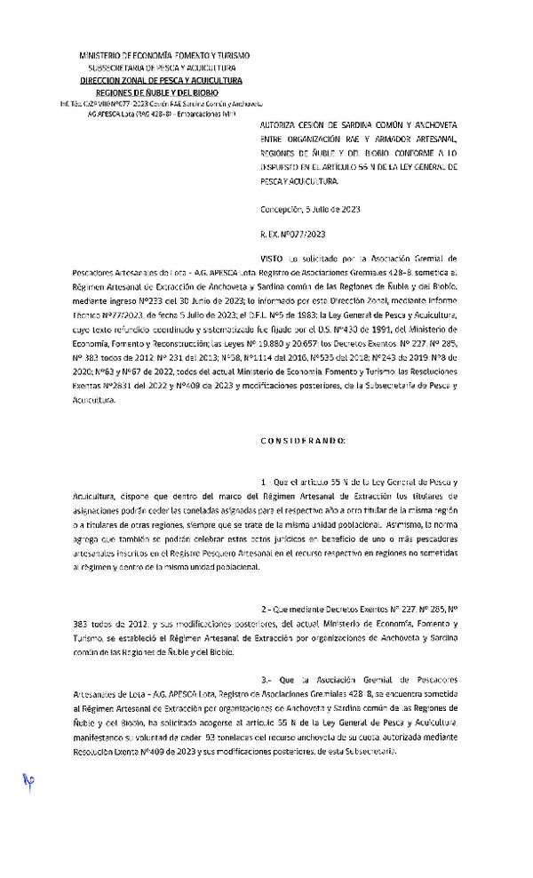 Res. Ex. N° 077-2023 (DZP Ñuble y del Biobío) Autoriza cesión Sardina común y Anchoveta. (Publicado en Página Web 06-07-2023)