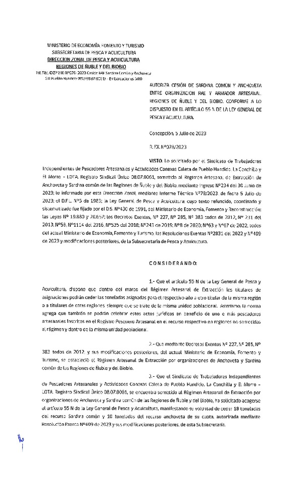 Res. Ex. N° 078-2023 (DZP Ñuble y del Biobío) Autoriza cesión Sardina común y Anchoveta. (Publicado en Página Web 06-07-2023)