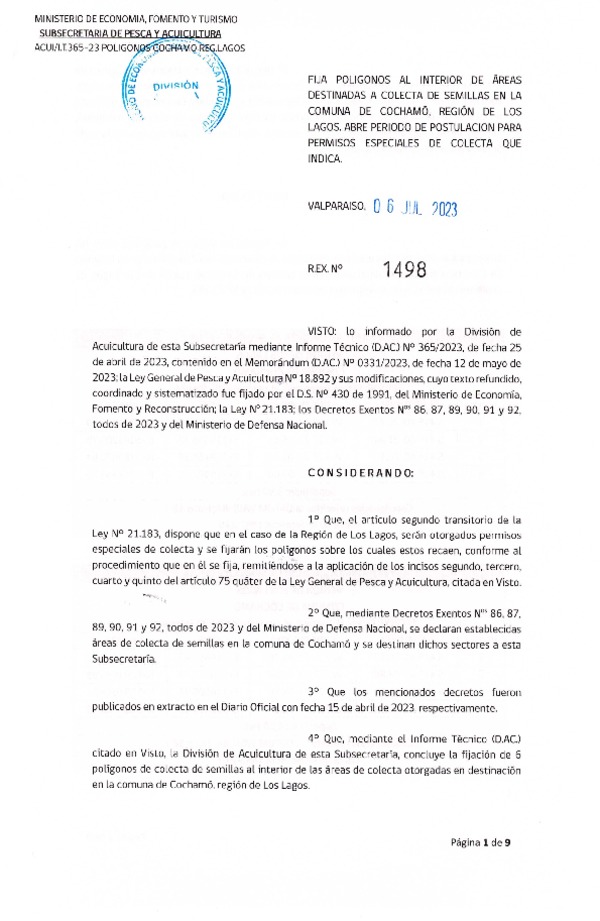 Res. Ex. N° 1498-2023 Fija Polígonos al Interior de Área Destinadas a Colecta en la Comuna de Cochamó, Región de Los Lagos, Abre Período de Postulación para Permisos Especiales de Colecta que Indica. (Publicado en Página Web 06-07-2023)