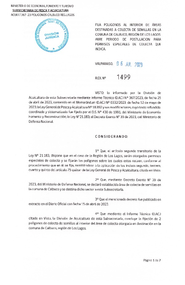 Res. Ex. N° 1499-2023 Fija Polígonos al Interior de Área Destinadas a Colecta en la Comuna de Calbuco, Región de Los Lagos, Abre Período de Postulación para Permisos Especiales de Colecta que Indica. (Publicado en Página Web 06-07-2023)