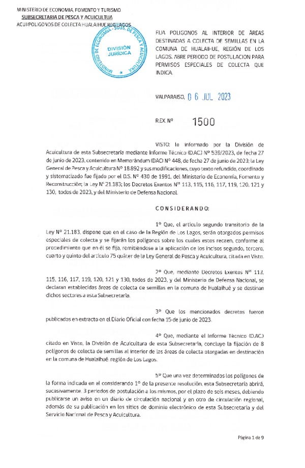 Res. Ex. N° 1500-2023 Fija Polígonos al Interior de Área Destinadas a Colecta en la Comuna de Hualahue, Región de Los Lagos, Abre Período de Postulación para Permisos Especiales de Colecta que Indica. (Publicado en Página Web 06-07-2023)