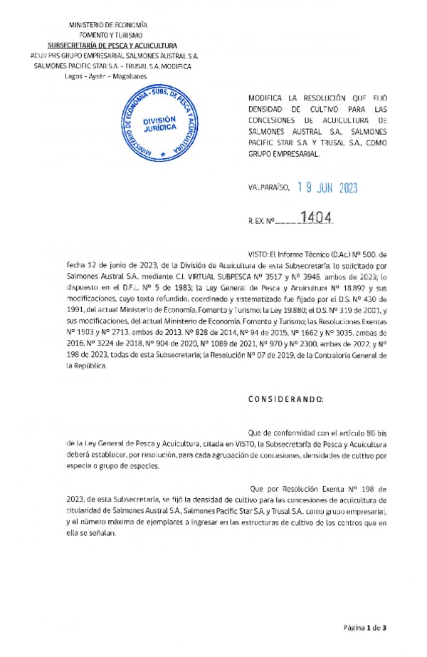 Res. Ex. N° 1404-2023 Modifica Res. Ex. N°0198-2023 Fija densidad de cultivo para las concesiones de Acuicultura de Salmones Austral S.A. Salmones Pacific Star S.A. y Trusal S.A., Aprueba programa de manejo que indica. (Con Informe Técnico) (Publicado en Página Web 06-07-2023)