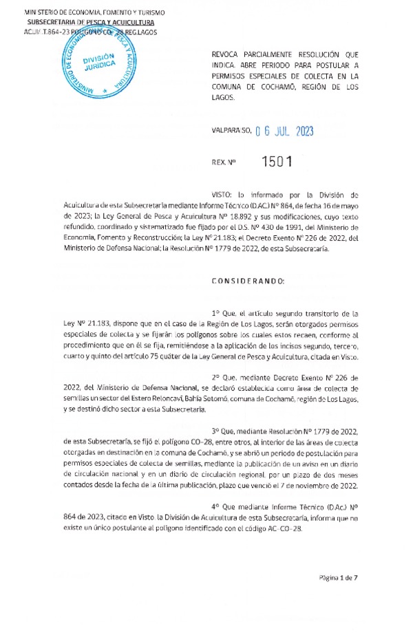 Res. Ex. N° 1501-2023 Revoca Parcialmente Resolución que Indica, Abre Período para Postular a Permisos Especiales de Colecta en la Comuna d Cochamó, Región de Los Lagos. (Publicado en Página Web 07-07-2023)