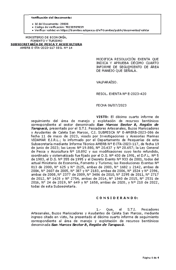 RESOL. EXENTA Nº E-2023-420 Modifica Resolución que indica, Aprueba 14° Seguimiento. (Publicado en Página Web 07-07-2023)