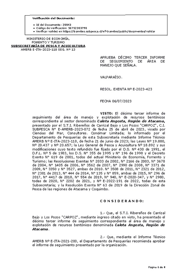 RESOL. EXENTA Nº E-2023-423 Aprueba 13° Seguimiento. (Publicado en Página Web 07-07-2023)