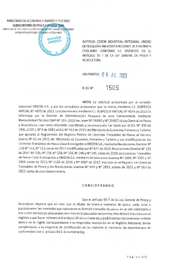 Res. Ex N° 1505-2023, Autoriza cesión Pesquería Anchoveta Regiones de Atacama a Coquimbo. (Publicado en Página Web 07-07-2023).