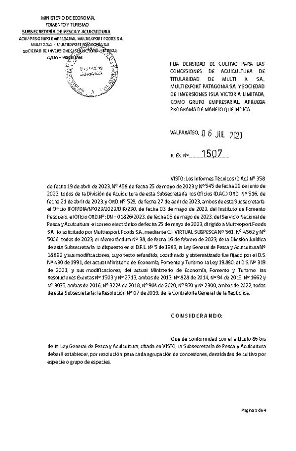 Res. Ex. N° 1507-2023 Fija densidad de cultivo para las concesiones de acuicultura de titularidad de Multi X S.A., Multiexport Patagonia S.A. y Sociedad de Inversiones Isla Victoria Limitada, como grupo Empresarial.(Publicado en Página Web 07-07-2023)