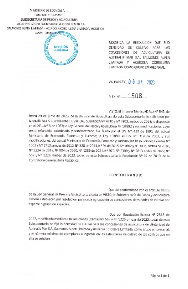 Res. Ex. N° 1508-2023 Modifica Res. Ex. N° 2813-2022 Fija densidad de cultivo para las concesiones de acuicultura de titularidad de Australis Mar S.A., Salmones Alpen Limitada y Acuícola Cordillera Limitada, Aprueba programa de manejo que indica. (Con Informe Técnico) (Publicado en Página Web 07-07-2023)