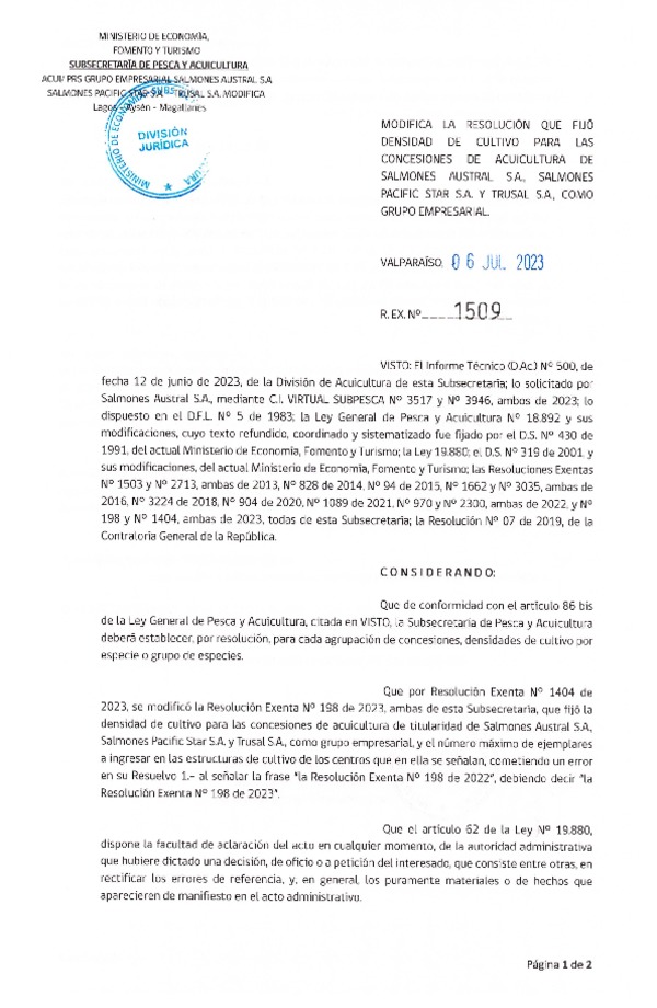 Res. Ex. N° 1509 Modifica Res. Ex. N° 1404-2023 Modifica Res. Ex. N°0198-2023 Fija densidad de cultivo para las concesiones de Acuicultura de Salmones Austral S.A. Salmones Pacific Star S.A. y Trusal S.A., Aprueba programa de manejo que indica. (Con Informe Técnico) (Publicado en Página Web 07-07-2023)