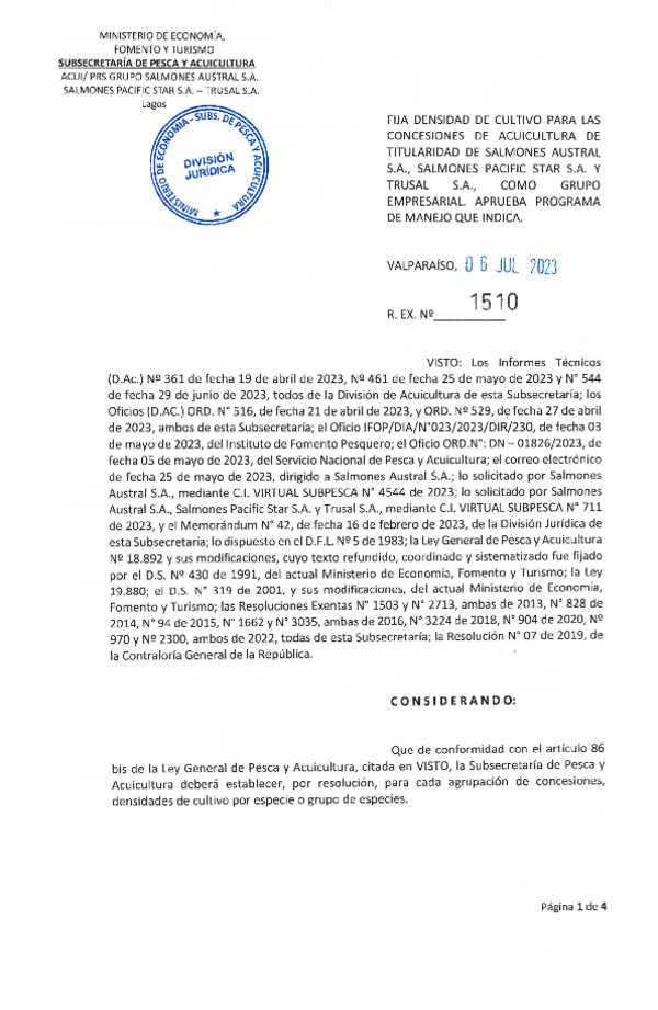 Res. Ex. N° 1510-2023 Fija densidad de cultivo para las concesiones de acuicultura de titularidad de salmones Austral S.A., Salmones Pacific Star S.A. y Trusal S.A. como grupo Empresarial.(Publicado en Página Web 07-07-2023)