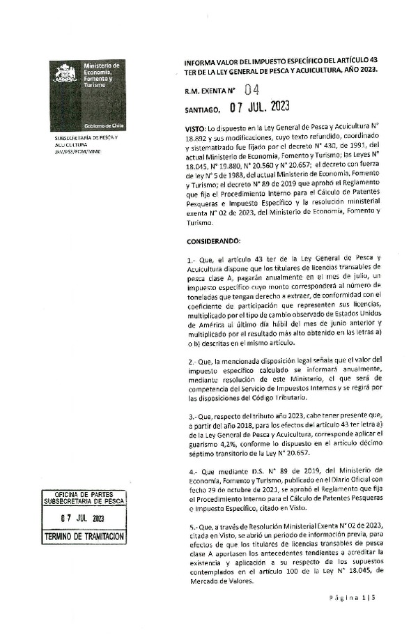 Res Min. Ex. N° 04-2023 Informa Valor del Impuesto Específico del Artículo 43 Ter de la Ley General de Pesca y Acuicultura, Año 2023. (Publicado en Página Web 10-07-2023)