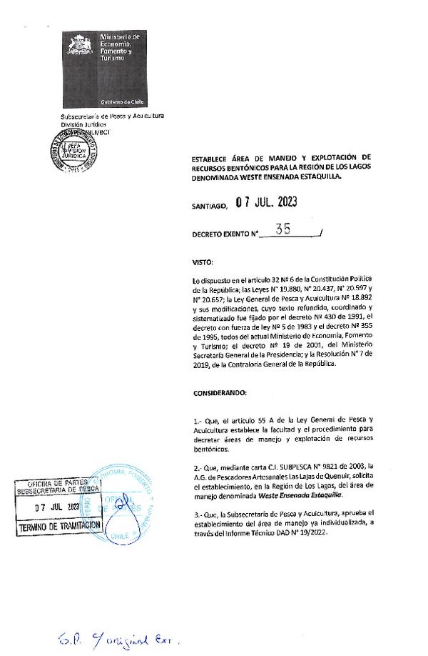 Dec. Ex. N° 35-2023 Establece Área de Manejo y Explotación de Recursos Bentónicos para la Región de Los Lagos, Weste Ensenada Estaquilla. (Publicado en Página Web 10-07-2023)