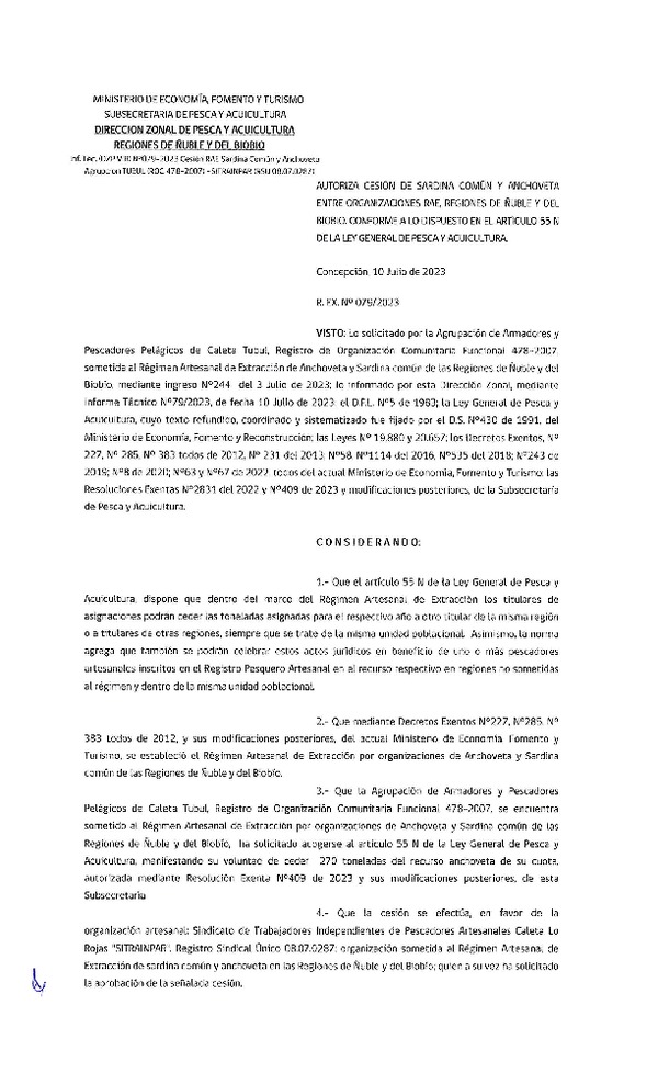 Res. Ex. N° 079-2023 (DZP Ñuble y del Biobío) Autoriza cesión Sardina común y Anchoveta. (Publicado en Página Web 11-07-2023)