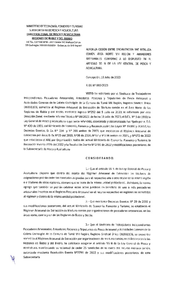 Res. Ex. N° 080-2023 (DZP Ñuble y del Biobío) Autoriza cesión Merluza común. (Publicado en Página Web 11-07-2023)