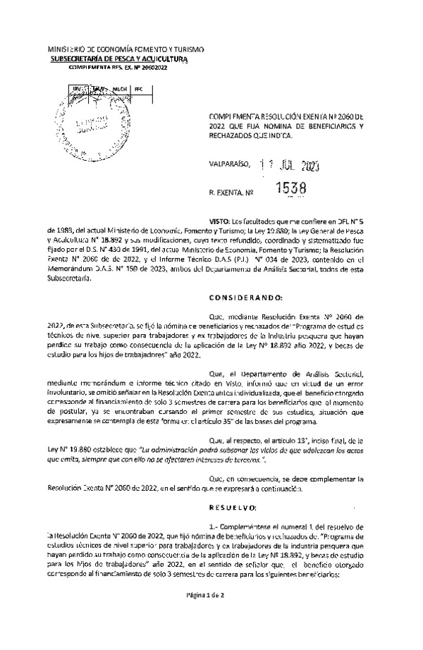 Res. Ex. N° 1538-2023 Complementa Res. Ex. N° 2060-2022, que fija Nómina de Beneficiarios y Rechazados que Indica. (Publicado en Página Web 11-07-2023)