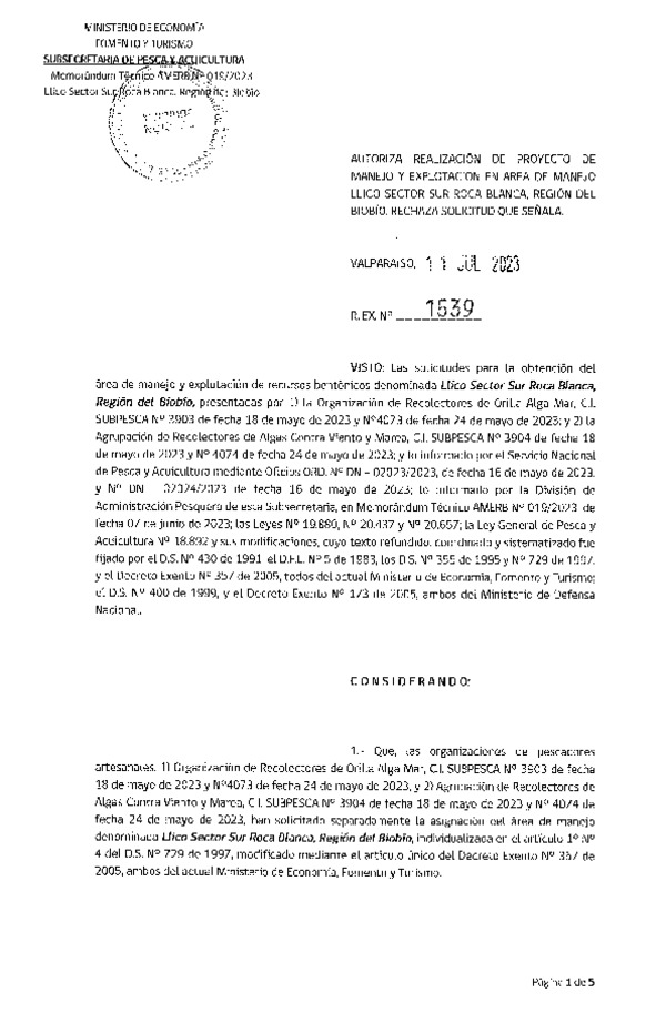 Res. Ex. N° 1539-2023 Autoriza proyecto de manejo. Rechaza solicitud que señala. (Publicado en Página Web 11-07-2023)