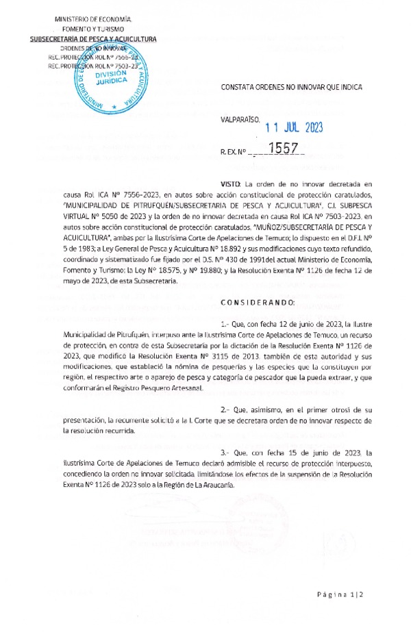 Res. Ex. N° 1557-2023 Constata Ordenes No Innovar que Indica. (Publicado en Página Web 12-07-2023)