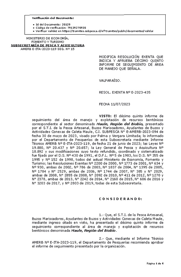 RESOL. EXENTA Nº E-2023-435 Modifica resolución que indica, Aprueba 15° seguimiento. (Publicado en Página Web 12-07-2023)