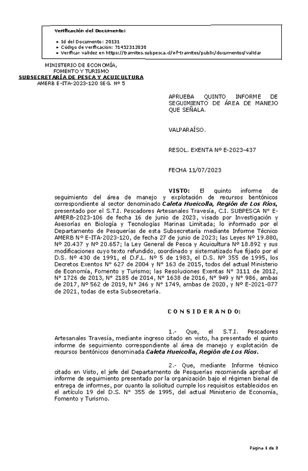 RESOL. EXENTA Nº E-2023-437  Aprueba 5° seguimiento. (Publicado en Página Web 12-07-2023)