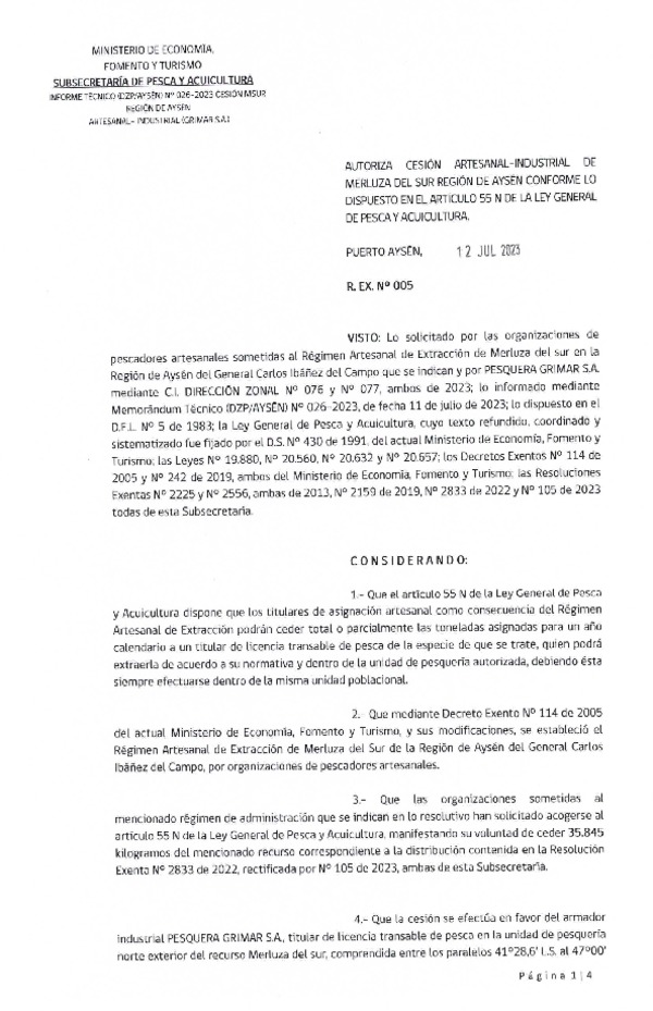 Res. Ex. N° 05-2023 (DZP Región de Aysén) Autoriza cesión merluza del sur, Región de Aysén del General Carlos Ibañez del Campo. (Publicado en Página Web 12-07-2023)