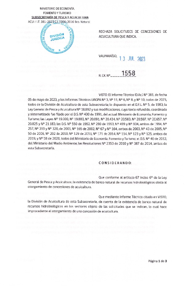 Res. Ex. N° 1558-2023 Rechaza solicitudes de concesiones de acuicultura que indica.