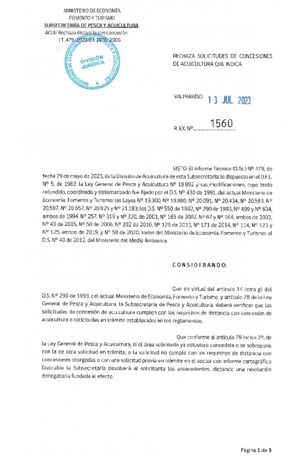 Res. Ex. N° 1560-2023 Rechaza solicitudes de concesiones de acuicultura que indica.