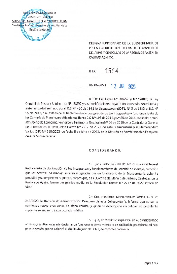 Res. Ex. N° 1564-2023 Designa Funcionario de la Subsecretaría de Pesca y Acuicultura en Comité de Manejo de Jaibas y Centollas de la Región de Aysén en Calidad Ad-Hoc. (Publicado en Página Web 13-07-2023)