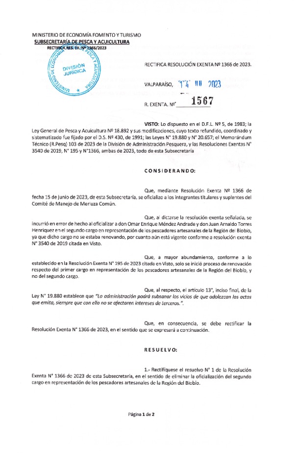 Res. Ex. N° 1567-2023 Rectifica Res Ex. N° 1366-2023 Oficializa integrantes titulares y suplentes del comité de manejo de merluza común. (Publicado en Página Web 17-07-2023)