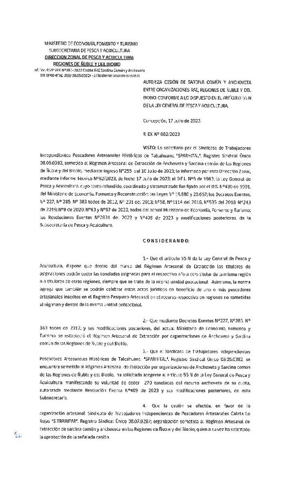 Res. Ex. N° 082-2023 (DZP Ñuble y del Biobío) Autoriza cesión Sardina común y Anchoveta. (Publicado en Página Web 17-07-2023)
