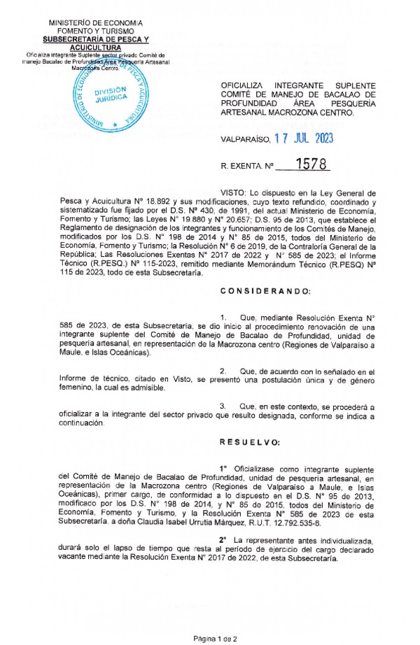 Res. Ex. N° 1578-2023 Oficializa Integrante Suplente del Comité de Manejo de Bacalao de Profundidad, Área Pesquería Artesanal Macrozona Centro. (Publicado en Página Web 17-07-2023).